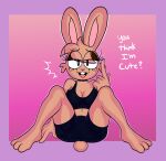  3_toes abstract_background absurd_res ambiguous_fluids anthro bedroom_eyes blackmore blair_(blackmore) bodily bottomwear clothing dialogue feet female hair hi_res lagomorph leporid mammal narrowed_eyes rabbit seductive shorts solo toes 