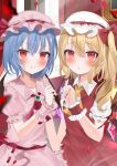  2girls :o absurdres bat_wings blonde_hair blue_hair bug butterfly dress falling_petals flandre_scarlet hat highres multiple_girls okome2028 petals pink_dress ponytail red_eyes remilia_scarlet siblings sisters touhou wings wrist_cuffs 