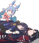  1boy 2girls absurdres animal_ears bandaged_arm bandaged_neck bandages black_hair blue_eyes blue_hair bow bowtie clorinde_(genshin_impact) closed_mouth coat coat_on_shoulders earrings elbow_rest from_side genshin_impact gloves grey_hair hair_between_eyes hand_on_own_cheek hand_on_own_face hat head_rest height_difference highres jewelry light_smile lips long_hair long_sleeves lying lying_on_person multicolored_hair multiple_girls nurse_cap on_back on_stomach open_mouth purple_eyes rchella red_hair short_hair sigewinne_(genshin_impact) simple_background smile two-tone_hair upper_body white_background wriothesley_(genshin_impact) 
