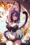  1girl :o ahoge animal_ears armpits arms_up autumn_leaves breasts bustier cat_ears cat_girl cat_tail choker cleavage contrapposto corset cowboy_shot frilled_choker frilled_shorts frills gloves hair_between_eyes large_breasts leaf looking_at_viewer maple_leaf medium_hair midriff_peek mitsu_(mitsu_art) one_eye_closed open_mouth original partially_fingerless_gloves partially_unbuttoned patreon_username purple_eyes purple_hair short_shorts shorts solo stretching tail thigh_gap thighhighs watermark wide_hips window 