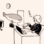 1boy animal_focus briefcase chair clock computer fish formal glasses highres holding holding_briefcase holding_paper indoors laptop looking_at_animal monochrome office open_mouth original paper sacabambaspis sitting suit sushiko_engawa triangle_mouth wall_clock 