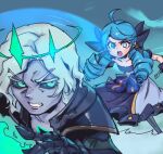  1boy 1girl :o ahoge black_bow black_dress black_gloves black_jacket black_sclera bow clenched_teeth collarbone colored_sclera colored_skin dress drill_hair gauntlets gloves green_eyes green_hair grey_dress grey_skin gwen_(league_of_legends) hair_bow holding_sewing_needle jacket league_of_legends phantom_ix_row short_hair shoulder_plates standing teeth twin_drills twintails upper_teeth_only viego_(league_of_legends) white_hair 