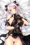  1girl antenna_hair azur_lane black_dress bow breasts censored clothes_lift clothing_cutout cross dakimakura_(medium) dress iron_blood_(emblem) iron_cross large_breasts lifted_by_self long_hair looking_at_viewer mole mole_on_breast multicolored_bow multicolored_hair nipples open_clothes prinz_eugen_(azur_lane) prinz_eugen_(cordial_cornflower)_(azur_lane) pussy red_hair rei_kun shoulder_cutout solo twintails two_side_up white_hair yellow_eyes 