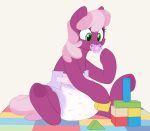  2023 block cheerilee_(mlp) diaper digital_media_(artwork) earth_pony equid equine eyelashes female feral friendship_is_magic fur green_eyes hair hasbro hi_res holding_object hooves horse infantilism looking_down mammal my_little_pony pacifier pink_hair pink_tail pony purple_body purple_fur shuphle simple_background smile solo tail toy white_background 