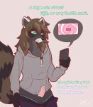  alain_the_raccoon_(softthaicat) anthro baggy_clothing balls bottomwear bottomwear_down caption clothed clothing erection eyewear gender_transformation genitals glasses hair hi_res hoodie hypnosis lynnsnowmew male mammal mind_control pants pants_down partially_clothed penis procyonid raccoon solo text topwear transformation transformation_sequence 