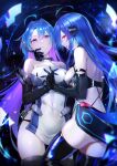  2girls absurdres ahoge armpit_crease ass azur_lane back_cutout bare_shoulders black_footwear black_gloves black_panties black_thighhighs blue_hair boots breasts clothing_cutout dual_persona elbow_gloves gloves hand_on_another&#039;s_face helena_(azur_lane) helena_(meta)_(azur_lane) highres holding_hands interlocked_fingers kai_(ootamuno12) long_hair looking_at_another looking_at_viewer medium_breasts multicolored_hair multiple_girls panties purple_eyes purple_hair red_eyes tabard thigh_boots thighhighs thighs two-tone_hair underwear 