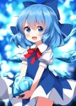  1girl :d blue_background blue_bow blue_dress blue_eyes blue_hair blush bow bowtie cirno contrapposto cowboy_shot dress hair_bow highres holding ice ice_wings open_mouth pinafore_dress puffy_short_sleeves puffy_sleeves red_bow red_bowtie ruu_(tksymkw) short_sleeves sleeveless sleeveless_dress smile solo touhou wing_collar wings 