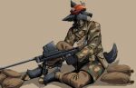  2023 anthro at_rifle biped black_body black_fur carpetwurm clothed clothing colored deer english_text frown fur gun hat headgear headwear hi_res holding_gun holding_object holding_weapon hooves male mammal military_uniform ranged_weapon red_eyes rifle signature sitting solo text uniform weapon 