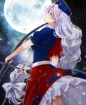  1girl blue_dress blue_eyes blue_headwear bow_(weapon) braid cowboy_shot cross dress frilled_dress frilled_sleeves frills grey_hair hat holding holding_bow_(weapon) holding_weapon long_hair nurse_cap okawa_friend profile red_cross red_dress short_sleeves single_braid solo touhou very_long_hair weapon yagokoro_eirin 