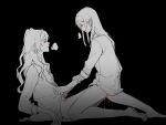  2girls bare_legs barefoot black_background blush bottomless breasts breath collared_shirt commentary from_side frottage greyscale hair_down highres long_hair long_sleeves monochrome multiple_girls nipples parted_lips profile pussy_juice reverse:1999 shirt simple_background sleeves_rolled_up small_breasts sonetto_(reverse:1999) spot_color thigh_straddling two_side_up undressing_another vertin_(reverse:1999) xiangjian_niu_you 