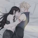  1boy 1girl apron arm_ribbon bare_shoulders bed_sheet black_apron black_hair black_shorts black_vest blonde_hair closed_eyes closed_mouth cloud_strife commentary couple crop_top cuddling damso final_fantasy final_fantasy_vii final_fantasy_vii_advent_children high_collar highres light_blush long_hair lying midriff navel on_side pillow profile red_eyes red_ribbon ribbed_shirt ribbon shirt short_hair shorts sleeping sleeveless sleeveless_shirt spiked_hair tank_top tifa_lockhart twitter_username vest waist_apron white_tank_top 