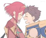 1boy 1girl bare_shoulders blue_shirt blue_vest blush brown_hair closed_eyes closed_mouth dangle_earrings earrings face-to-face headwear_removed helmet helmet_removed highres impossible_clothes jewelry mochimochi_(xseynao) open_mouth pyra_(xenoblade) raised_eyebrows red_hair rex_(xenoblade) shirt short_hair sleeveless sleeveless_shirt smile spiked_hair swept_bangs tiara twitter_username upper_body vest xenoblade_chronicles_(series) xenoblade_chronicles_2 