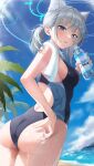  1girl absurdres animal_ear_fluff animal_ears ass beach blue_archive blue_eyes blue_sky bottle breasts cloud day dutch_angle extra_ears grey_hair halo highres holding holding_bottle looking_back m0_0m_c medium_breasts mismatched_pupils official_alternate_costume one-piece_swimsuit outdoors ponytail shiroko_(blue_archive) shiroko_(swimsuit)_(blue_archive) sky solo swimsuit towel towel_around_neck water_bottle wet wolf_ears 