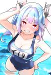  1girl blue_hair blush breasts flower-shaped_pupils furaggu_(frag_0416) hair_ornament hair_ribbon highres i-19_(kancolle) kantai_collection large_breasts looking_at_viewer name_tag one-piece_swimsuit open_mouth red_eyes ribbon school_swimsuit smile solo swimsuit symbol-shaped_pupils tri_tails twintails water 