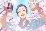  1boy asahi_breweries beer_can blurry blurry_background blurry_foreground can cherry_blossoms closed_mouth collared_shirt day facing_viewer falling_petals grey_hair hands_up highres holding holding_can light_blush male_focus nijisanji open_mouth outdoors petals shirt short_hair smile solo teeth tonegawa_ribu upper_body upper_teeth_only very_short_hair virtual_youtuber white_shirt yashiro_kizuku 