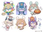  &gt;_&lt; +_+ 6+girls :&lt; :d :o animal_ears animal_on_head apron arm_up artist_name ball_octopus_(genshin_impact) bandaged_leg bandages beret blue_apron blue_eyes blue_headwear blue_jacket blush blush_stickers bright_pupils brown_hair brown_ribbon brown_shirt closed_eyes closed_mouth commentary_request cooking_pot crossed_bangs elphane_(genshin_impact) emphasis_lines fish fishing fishing_rod flower_(symbol) food genshin_impact grey_hair guu_tara3 hair_between_eyes hands_up hat highres holding holding_fishing_rod holding_paintbrush hugging_own_legs iara_(genshin_impact) jacket knees_up light_brown_hair long_sleeves looking_at_viewer looking_back mamere_(genshin_impact) melusine_(genshin_impact) menthe_(genshin_impact) multiple_girls neck_ribbon octopus on_head open_mouth paint_on_clothes paint_splatter paintbrush palette_(object) parted_bangs peaked_cap pink_eyes purple_eyes purple_hair red_headwear red_jacket ribbon screw shirt short_hair simple_background sitting sleeve_cuffs smile sparkle steam swept_bangs tail twitter_username verenata_(genshin_impact) water white_background white_pupils xana_(genshin_impact) yellow_eyes 
