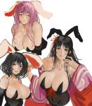  1girl animal_ears black_hair black_leotard black_thighhighs breasts brown_eyes cleavage flower_knot grey_background hair_in_own_mouth highres houraisan_kaguya inaba_tewi large_breasts leotard light_purple_hair lips long_hair looking_at_viewer mole mole_under_eye parted_lips playboy_bunny purple_hair rabbit_ears rabbit_girl red_eyes red_nails reisen_udongein_inaba short_hair simple_background solo thighhighs tomatolover16 touhou very_long_hair 