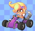  2019 accessory activision alex-toons anthro blonde_hair clothing coco_bandicoot crash_bandicoot_(series) female flower flower_in_hair footwear green_eyes hair hair_accessory kart long_hair mammal marsupial plant signature simple_background smile solo vehicle 