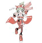  1girl animal_ears belt blush_stickers bow box facial_mark fake_animal_ears fingerless_gloves food food_in_mouth fox_mask gloves green_hair hair_bow hakama hakama_skirt half_mask highres holding holding_box holding_food holster japanese_clothes kimono kiriko_(overwatch) mask medium_hair mouth_hold nontraditional_miko okusuri_nometane overwatch overwatch_2 ponytail red_footwear red_gloves shoes simple_background skirt solo thigh_holster topknot v-shaped_eyebrows white_background white_bow white_kimono 