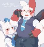  2023 anthro biped bottomwear clothed clothing digital_media_(artwork) duo generation_3_pokemon hi_res japanese_text jimmyzangoo looking_at_viewer male necktie nintendo pokemon pokemon_(species) simple_background text thick_thighs topwear vest wide_hips zangoose 