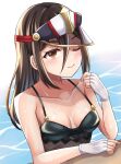  1girl black_one-piece_swimsuit breasts brown_eyes brown_hair cleavage closed_mouth collarbone fingerless_gloves gloves highres kurume_sml long_hair looking_at_viewer morag_ladair_(obligatory_leave)_(xenoblade) morag_ladair_(xenoblade) one-piece_swimsuit one_eye_closed pool smile solo swimsuit water wet white_gloves xenoblade_chronicles_(series) xenoblade_chronicles_2 