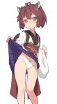  1girl ahoge backpack bag blush brown_hair clothes_lift commentary_request expressionless feet_out_of_frame headgear highres japanese_clothes kimono lifted_by_self looking_at_viewer obi panties purple_skirt red_eyes sash short_hair short_kimono simple_background skirt skirt_lift solo touhoku_kiritan underwear voiceroid white_background white_kimono white_panties yamamomo_(plank) 