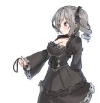  1girl aa211108 animal_collar black_dress black_ribbon blush breasts choker cleavage collar dress drill_hair embarrassed gothic_lolita grey_hair holding holding_leash idolmaster idolmaster_cinderella_girls kanzaki_ranko leash lolita_fashion medium_breasts red_eyes ribbon solo 