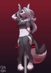  2021 absurd_res anthro armwear binding_call canid canid_demon claws clothing collar demon elbow_gloves female fluffy fluffy_tail fur gloves hair halter_top hand_behind_head handwear hellhound helluva_boss hi_res legwear long_hair looking_at_viewer loona_(helluva_boss) mammal midriff navel notched_ear one_eye_obstructed red_sclera signature sitting solo spiked_collar spikes tail tail_motion tailwag thigh_highs toe_claws white_body white_eyes white_fur white_hair 