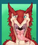  2021 anthro bodily_fluids fangs fur headshot_portrait looking_at_viewer male marcushunter mouth_shot open_mouth pointy_nose portrait razan_(seiji_the_sergal) red_body red_fur saliva saliva_on_tongue sergal signature solo teeth tongue tongue_out 
