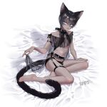  1boy animal_ears arm_belt arm_support artist_name babydoll bare_shoulders barefoot bed_sheet black_bow black_hair black_panties black_theme bloodcat_(babacatcat) blue_eyes bow cat_boy cat_ears cat_tail choker closed_mouth dark-skinned_male dark_skin dated eyelashes frown garter_straps leaning_to_the_side lingerie lipstick looking_at_viewer makeup male_focus navel off_shoulder on_bed original outstretched_arm panties see-through short_hair sitting skirt_hold slit_pupils solo tail underwear white_background yokozuwari 