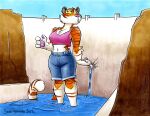  anthro brian_reynolds clothed clothing dam felid female macro mammal pantherine partially_submerged pink_nose shirt solo tail tank_top tiger topwear water whistling yellow_sclera 