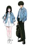  1boy 1girl :d alternate_costume artist_logo bag black_hair black_pants breasts brown_eyes brown_hair buttoned_cuffs casual chitanda_eru denim denim_jacket dress full_body hand_in_pocket highres hyouka jacket long_hair long_sleeves looking_at_viewer mery_(yangmalgage) open_clothes open_jacket open_mouth oreki_houtarou pants purple_eyes short_hair shoulder_bag simple_background smile socks standing white_background white_dress white_footwear white_socks 