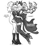  ! !! 2girls absurdres bare_shoulders bear_hair_ornament black_bow blush boots bow braid breasts crown danganronpa:_trigger_happy_havoc danganronpa_(series) detached_sleeves english_text enoshima_junko from_side full_body greyscale hair_ornament high_heel_boots high_heels highres horns hug khee large_breasts long_hair master_detective_archives:_rain_code monochrome multiple_girls profile shinigami_(rain_code) standing twin_braids twintails 