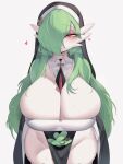  absurd_res anthro areola big_breasts blush breasts cervina7_(artist) female gardevoir generation_3_pokemon green_hair hair hi_res huge_breasts looking_at_viewer nintendo nipples nun nun_outfit open_mouth pink_areola pink_nipples pokemon pokemon_(species) red_eyes simple_background smile solo white_body 