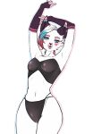  absurd_res arms_above_head black_clothing blue_hair clothing female front_view hair hi_res swimwear white_body white_hairband wide_hips 