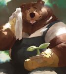 2023 anthro bear bernie_burr biped brown_body brown_fur clothing fur gloves handwear hi_res humanoid_hands mammal overalls overweight plant shirt solo topwear towel 