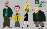  1girl 3boys bald belt black_skirt blonde_hair breaking_bad copyright_name copyright_request dated grey_background hand_in_pocket high_heels highres jesse_pinkman lokocity_art mike_ehrmantraut multiple_boys signature skirt skyler_white toon_(style) walter_white 