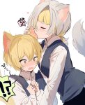  !? 1boy 1girl @_@ animal_ears assertive_female blonde_hair blush closed_eyes couple fox_ears fox_girl fox_tail grey_hair hetero highres kissing_ear kromer_(limbus_company) limbus_company migishita project_moon shirt short_hair simple_background sinclair_(limbus_company) speech_bubble tail upper_body vest white_background white_shirt 