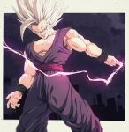  1boy baggy_pants bare_shoulders biceps black_wristband border bure_(fantasticyouth7) closed_mouth cloud cloudy_sky collarbone commentary dougi dragon_ball dragon_ball_super dragon_ball_super_super_hero electricity energy gohan_beast grey_hair highres looking_at_viewer male_focus muscular muscular_male outside_border pants pectorals purple_pants red_eyes red_sash sash silhouette sky smile smirk solo son_gohan spiked_hair standing v-shaped_eyebrows white_border wristband 
