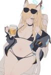  1girl absurdres alcohol alternate_costume animal_ear_fluff animal_ears bare_shoulders beach_chair beer beer_mug bikini black_bikini black_choker black_gloves blonde_hair blue_archive blue_eyes blue_jacket breasts choker cleavage closed_mouth collarbone cup dog_ears dog_girl eyewear_on_head fingerless_gloves gloves hair_over_one_eye halo highres jacket kanna_(blue_archive) large_breasts long_bangs mug navel off_shoulder open_clothes open_jacket simple_background sitting solo stomach sunglasses swept_bangs swimsuit thigh_gap thighs zerocat 