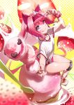  1girl :d absurdres buruma ear_covers flower_in_eye food freely2327 from_above fruit full_body haru_urara_(umamusume) highres holding holding_food horse_girl ice_cream inline_skates long_hair looking_at_viewer looking_up pink_buruma pink_eyes pink_hair pink_scrunchie ponytail roller_skates scrunchie shirt sitting skates smile solo strawberry symbol_in_eye thighs umamusume white_shirt wrist_scrunchie 