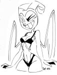  angel angel_humanoid bikini breasts clothed clothing exorcist_(hazbin_hotel) female hazbin_hotel horn humanoid lute_(hazbin_hotel) open_mouth open_smile partially_clothed smile solo standing swimwear thick_thighs unknown_artist 