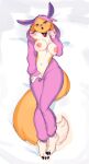  2023 absurd_res anthro bandai_namco big_breasts black_sclera blue_eyes breasts choker clothing crossover dakimakura_design digimon digimon_(species) dipstick_ears dipstick_tail eeveelution espeon female fluffy fluffy_tail fur generation_2_pokemon hi_res jewelry kigurumi looking_at_viewer lying markings multicolored_ears navel neck_tuft necklace nintendo nipples on_back onesie open_mouth pink_nipples pokemon pokemon_(species) renamon seductive solo sshurart tail tail_markings tuft undressing wide_hips yellow_body yellow_fur 