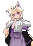  1girl absurdres ahoge animal_ears bags_under_eyes black_jacket blonde_hair braid braided_ponytail center_frills cowboy_shot dog_ears dog_girl dog_tail frilled_shirt frills fur-trimmed_jacket fur_trim hair_between_eyes hairband hand_on_own_cheek hand_on_own_face head_tilt highres hololive hololive_english jacket koizumi_arata long_hair looking_at_viewer mama_puppy_(fuwamoco) mature_female mole mole_under_mouth multicolored_hair off_shoulder pleated_skirt purple_eyes purple_hair purple_skirt real_life_insert shirt simple_background skirt sleeveless sleeveless_shirt solo streaked_hair tail thick_eyebrows very_long_hair white_background white_hairband white_shirt 