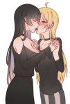  2girls ahoge black_hair blonde_hair blush bocchi_the_rock! breasts cleavage closed_eyes commentary_request ear_piercing french_kiss highres holding_hands ijichi_seika interlocked_fingers kiss long_hair momuri18 multiple_girls pa-san piercing squinting tongue yuri 