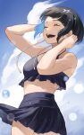  1girl absurdres audio_jack bikini bikini_skirt black_bikini black_hair blunt_bangs boku_no_hero_academia breasts bubble closed_eyes cloud day fengling_(furin-jp) frilled_bikini frills hands_up highres jirou_kyouka long_earlobes open_mouth outdoors short_hair sky small_breasts solo swimsuit 