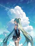  1girl absurdres aqua_eyes aqua_hair aqua_nails arms_behind_back ay6as bare_shoulders black_sleeves black_thighhighs blue_sky cloud cumulonimbus_cloud detached_sleeves hair_ornament hatsune_miku highres sky solo thighhighs twintails vocaloid 