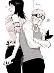  1boy 1girl back-to-back bandana_around_arm bare_shoulders black_hair black_pants blush chanko_neru crossed_arms earrings goggles goggles_on_head greyscale heart height_difference highres jewelry long_hair monochrome nico_robin one_piece open_mouth pants roronoa_zoro short_hair single_earring smile teeth 