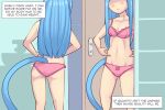 animal_humanoid blue_hair blush blush_lines bottomwear bra breasts cat_humanoid cleavage clothed clothing comic dialogue felid felid_humanoid feline feline_humanoid female hair humanoid inner_monologue mammal mammal_humanoid myu_(pixiveo) panties pixiveo smile solo standing tail text topwear underwear 