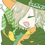  1boy absurdres blush character_name closed_eyes futaba969649 gloves green_gloves green_headwear grey_hair hair_over_one_eye highres holding holding_wand lemres_(puyopuyo) open_mouth puyopuyo puyopuyo_fever solo wand 